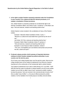 Questionnaire by the United Nations Special Rapporteur in the field... rights 1.  Is the right to artistic freedom expressly protected...