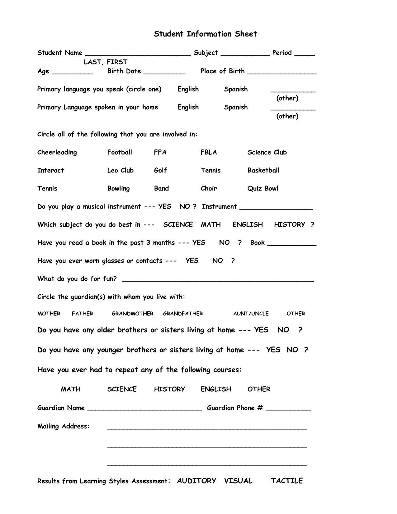 Student Information Sheet