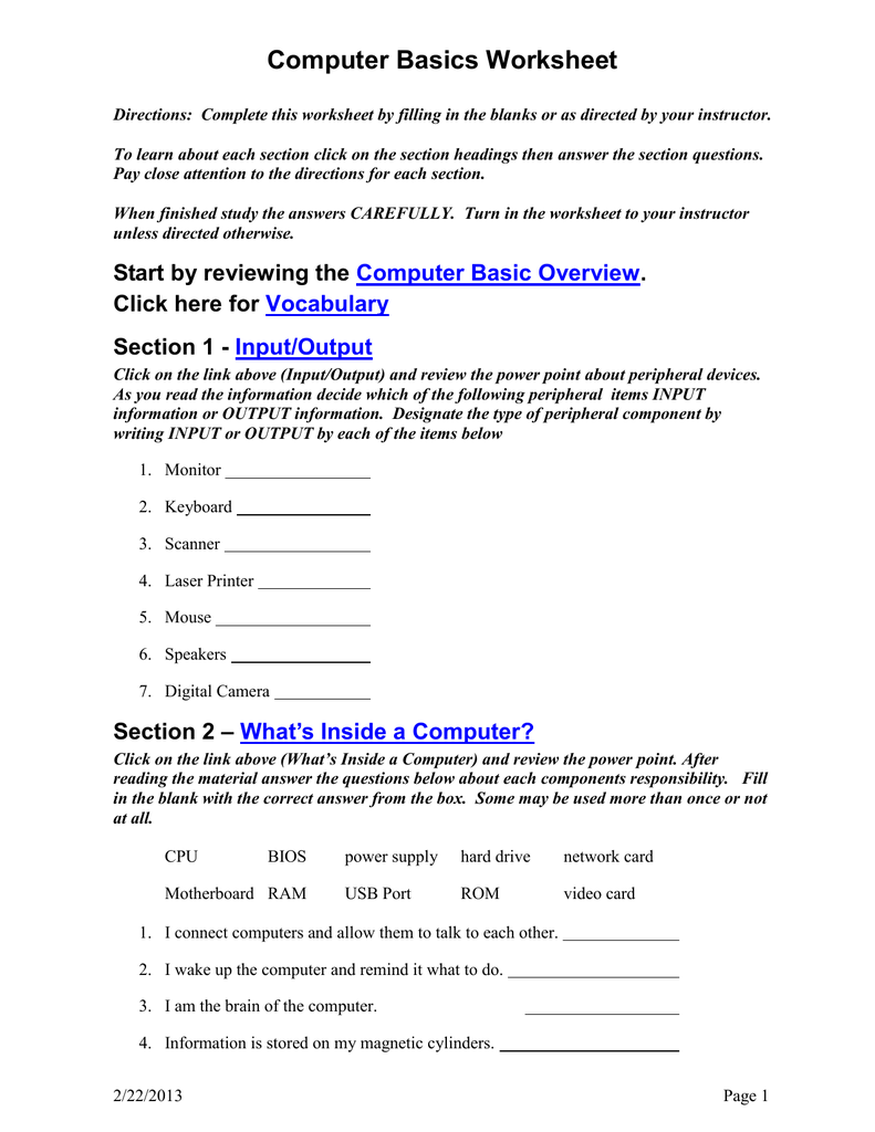 Computer Basics Worksheet Intended For Computer Basics Worksheet Answer Key