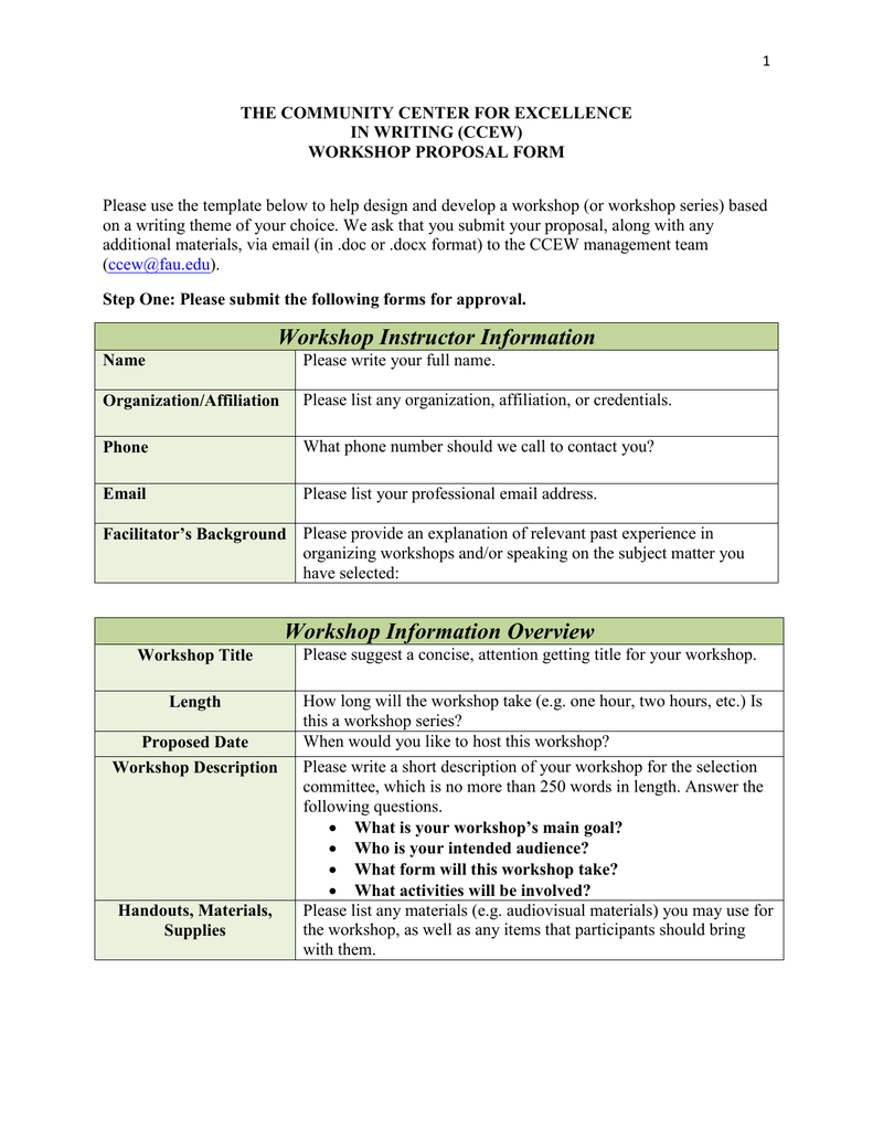 THE COMMUNITY CENTER FOR EXCELLENCE IN WRITING (CCEW) WORKSHOP For Workshop Proposal Template