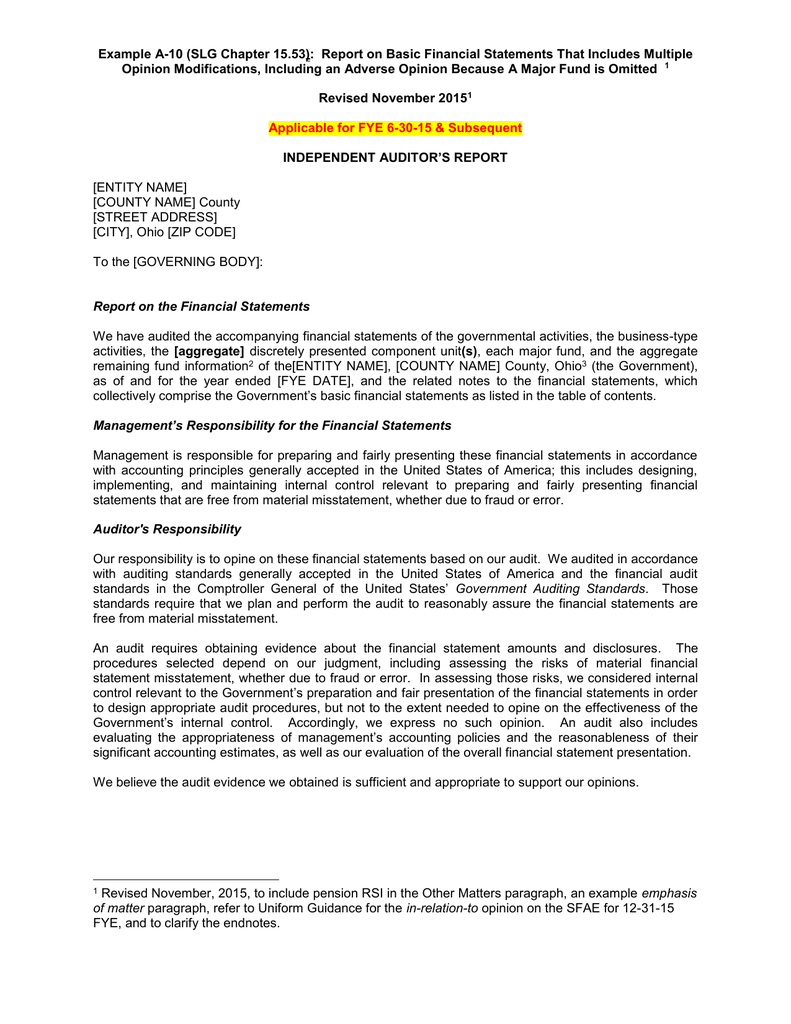 example a 10 slg chapter 15 53 report on basic financial opinion modifications including an adverse because major fund sales revenue in income statement