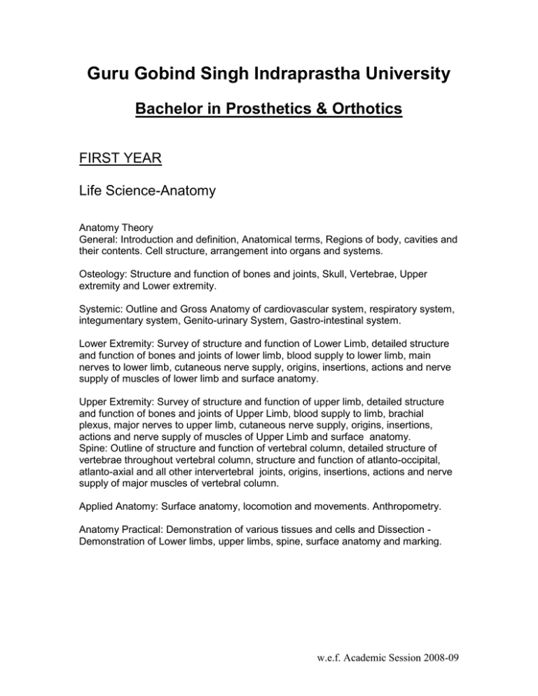 Guru Gobind Singh Indraprastha University Bachelor In Prosthetics Amp Orthotics First Year