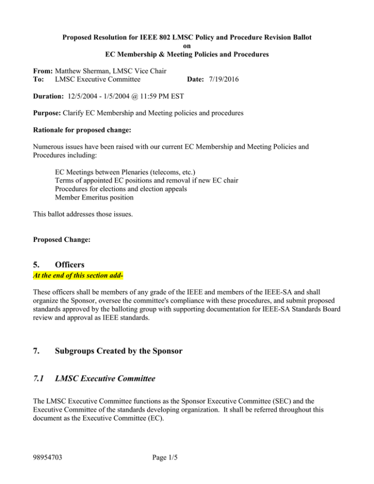 Proposed Resolution for IEEE 802 LMSC Policy and Procedure Revision