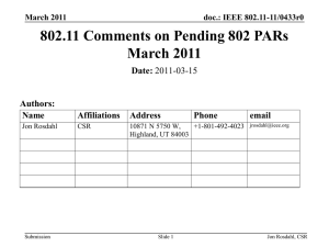 802.11 Comments on Pending 802 PARs March 2011 Date: Authors: