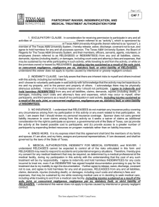 CAF 7 PARTICIPANT WAIVER, INDEMNIFICATION, AND MEDICAL TREATMENT AUTHORIZATION FORM