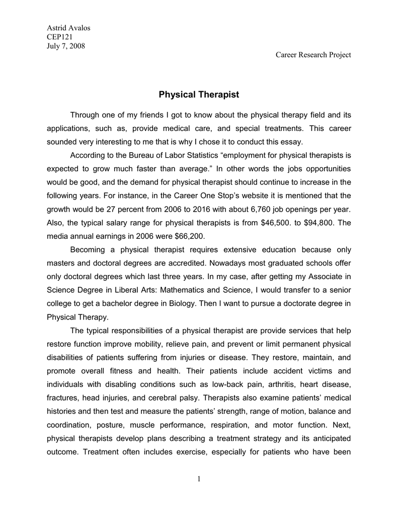 Реферат: Physical Therapist Essay Research Paper Physical Therapist