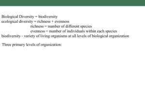 Biological Diversity = biodiversity ecological diversity = richness + evenness