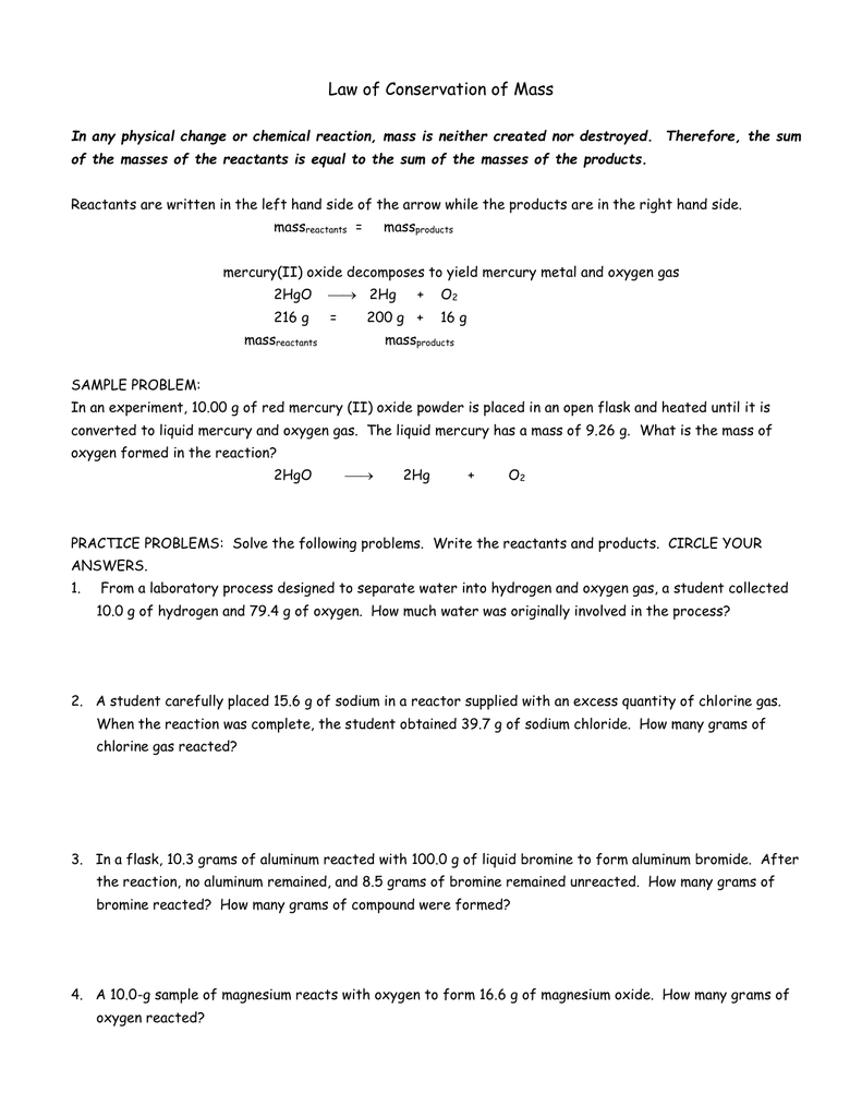 Law of Conservation of Mass For Conservation Of Mass Worksheet