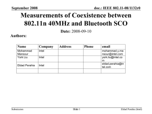 Measurements of Coexistence between 802.11n 40MHz and Bluetooth SCO Date: Authors: