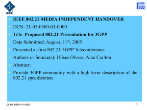 • IEEE 802.21 MEDIA INDEPENDENT HANDOVER DCN: 21-05-0300-03-0000 Proposed 802.21 Presentation for 3GPP