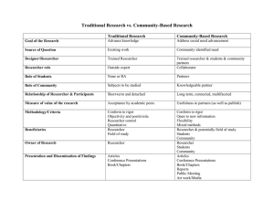Traditional Research vs. Community-Based Research  Traditional Research Community-Based Research