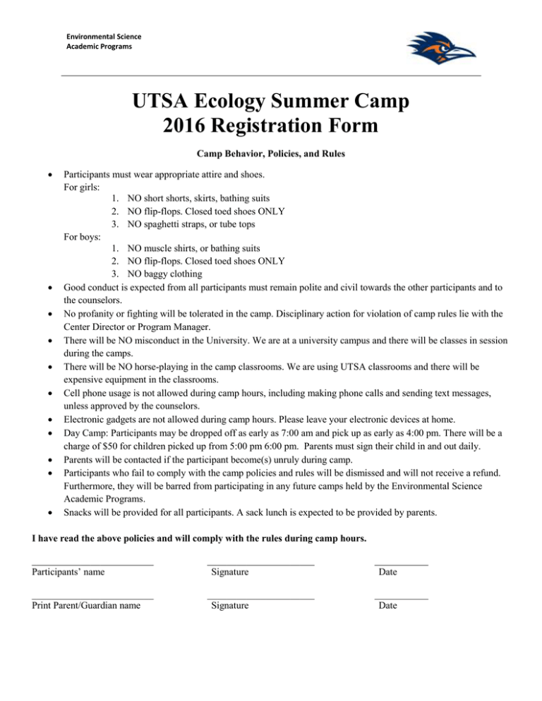 UTSA Ecology Summer Camp 2016 Registration Form