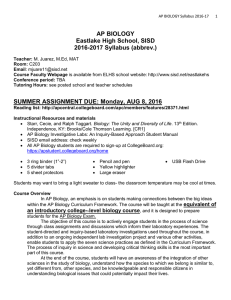 AP BIOLOGY Eastlake High School, SISD 2016-2017 Syllabus (abbrev.)