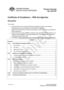 Certificate of Compliance – FMA Act Agencies Key points Finance Circular No. 2011/07