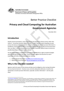 Better Practice Checklist Privacy and Cloud Computing for Australian Government Agencies Introduction