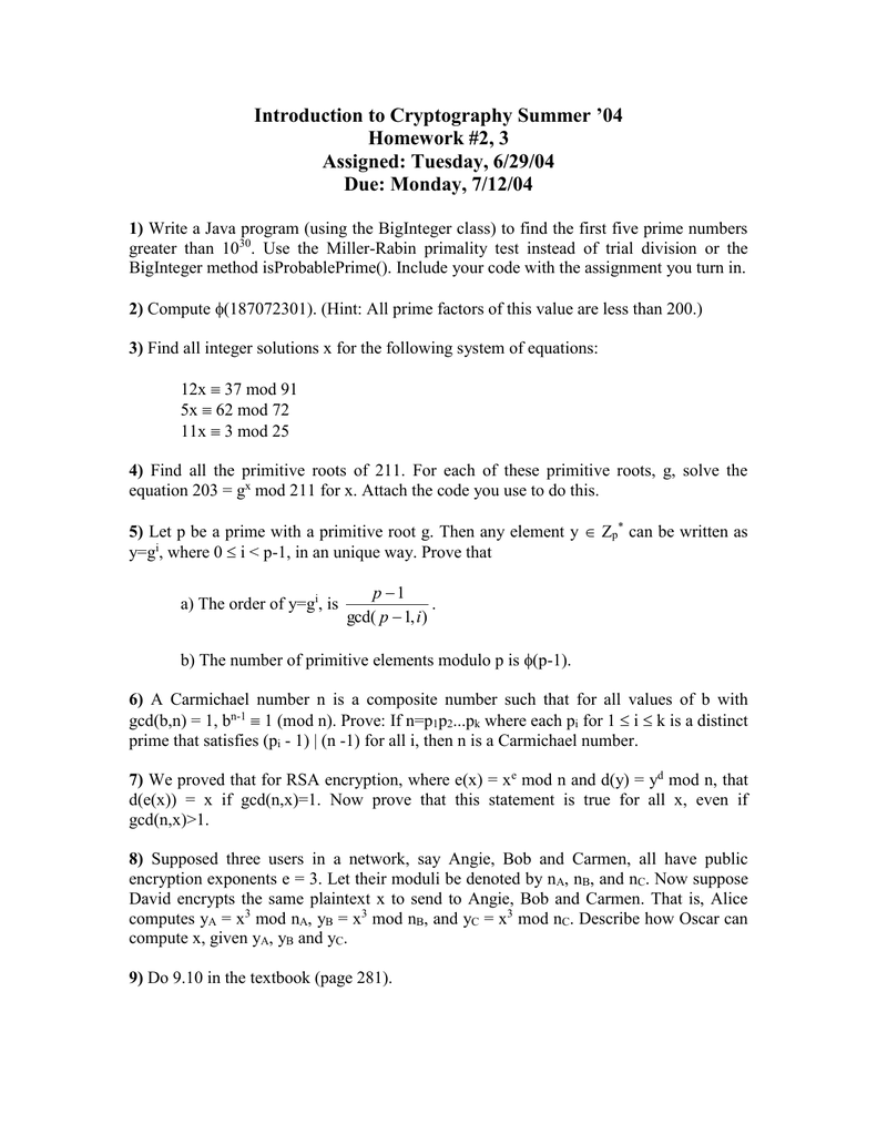 Introduction To Cryptography Summer 04 Homework 2 3 Assigned Tuesday 6 29 04