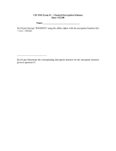 CIS 3362 Exam #1 – Classical Encryption Schemes Date: 9/22/08  Name: ________________________________