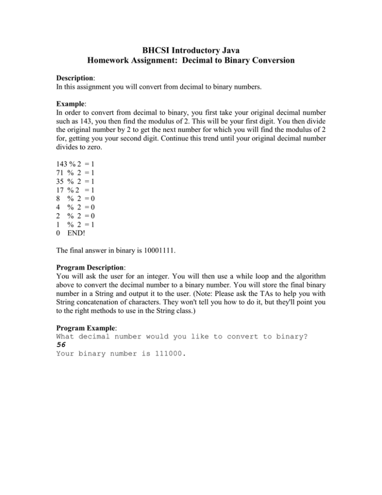 Bhcsi Introductory Java Homework Assignment Decimal To Binary Conversion
