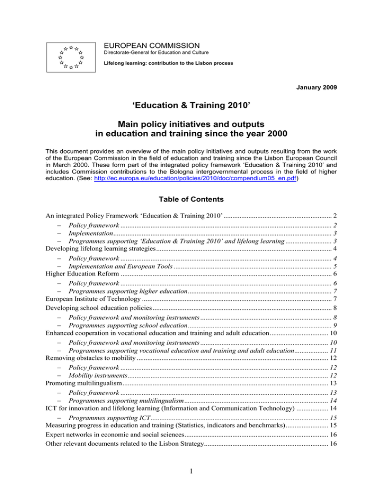 ‘Education & Training 2010’ Main Policy Initiatives And Outputs