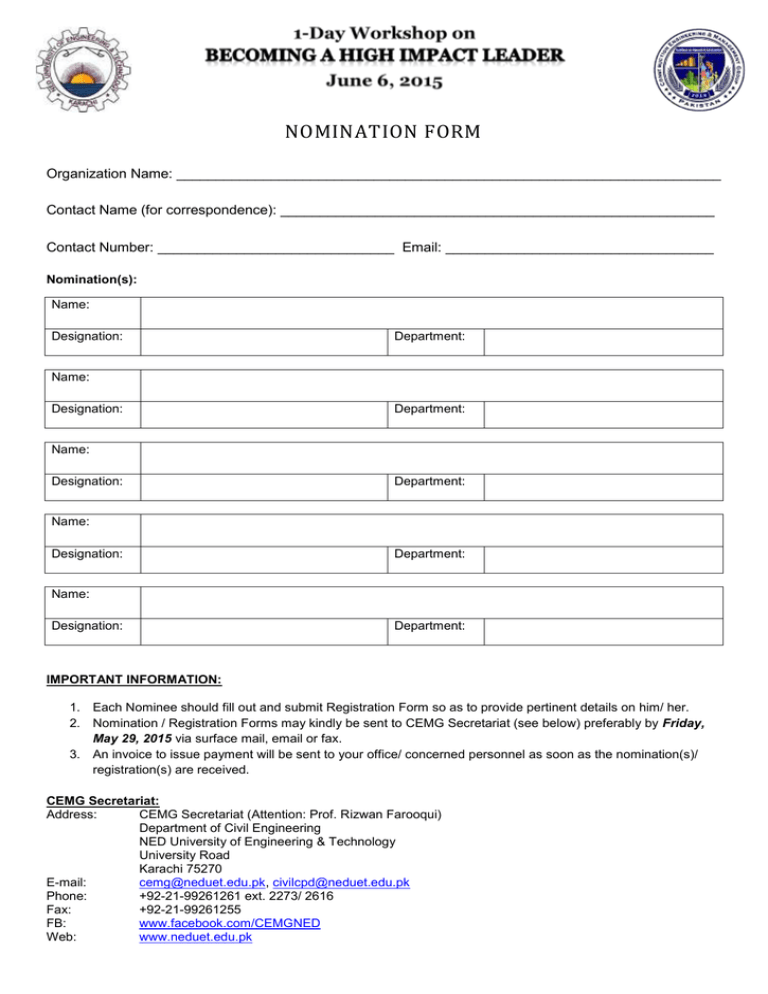 Printable Nomination Form Template