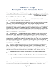 Occidental College Assumption of Risk, Release and Waiver