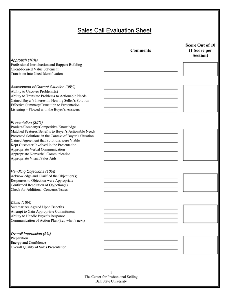 Sales Call Evaluation Sheet Score Out Of 10 Comments 1 Score Per