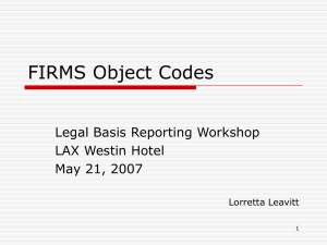 FIRMS Object Codes Legal Basis Reporting Workshop LAX Westin Hotel May 21, 2007