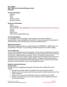 SYLLABUS BIOL 2206 Environmental Biology Lecture Semester: Course Information: