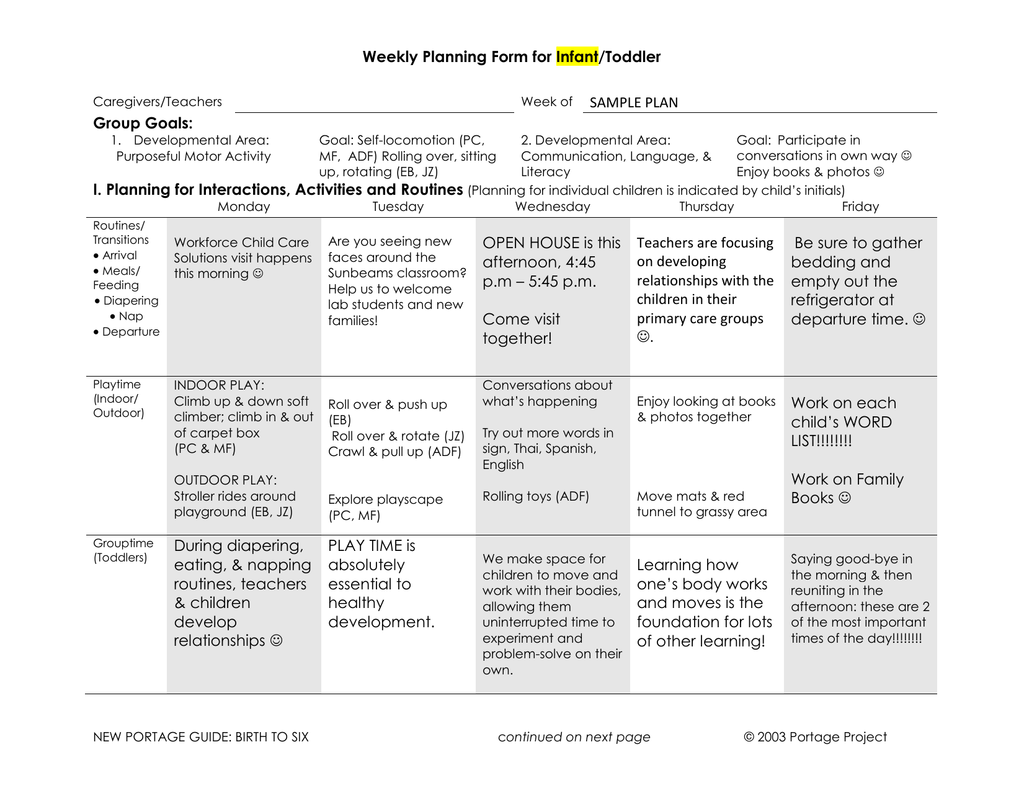 Weekly Planning Form For Infant Toddler Group Goals SAMPLE PLAN