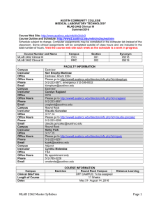 AUSTIN COMMUNITY COLLEGE MEDICAL LABORATORY TECHNOLOGY MLAB 2462 Clinical III Summer/2016