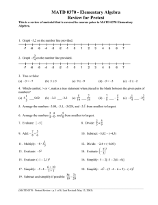 MATD 0370 - Elementary Algebra Review for Pretest