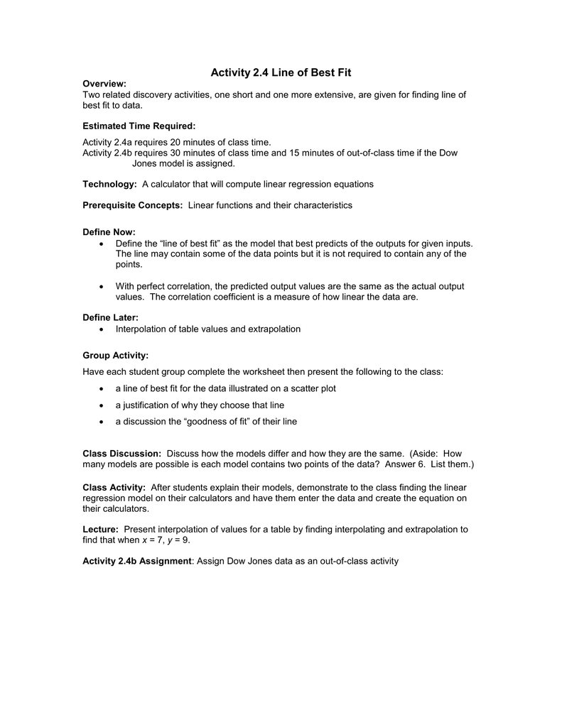 Activity 22.22 Line of Best Fit Regarding Line Of Best Fit Worksheet