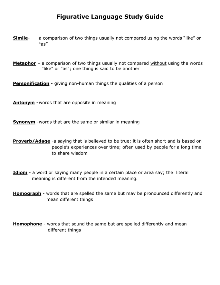 Figurative Language Study Guide Figurative Language Study Guide