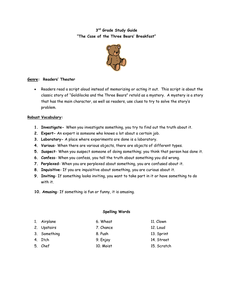 3 Grade Study Guide “The Case of the Three Bears' Breakfast”