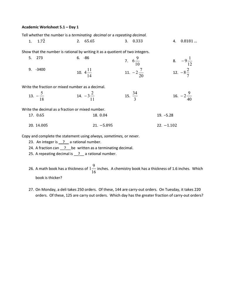Academic Worksheet 5.1 – Day 1 terminating decimal