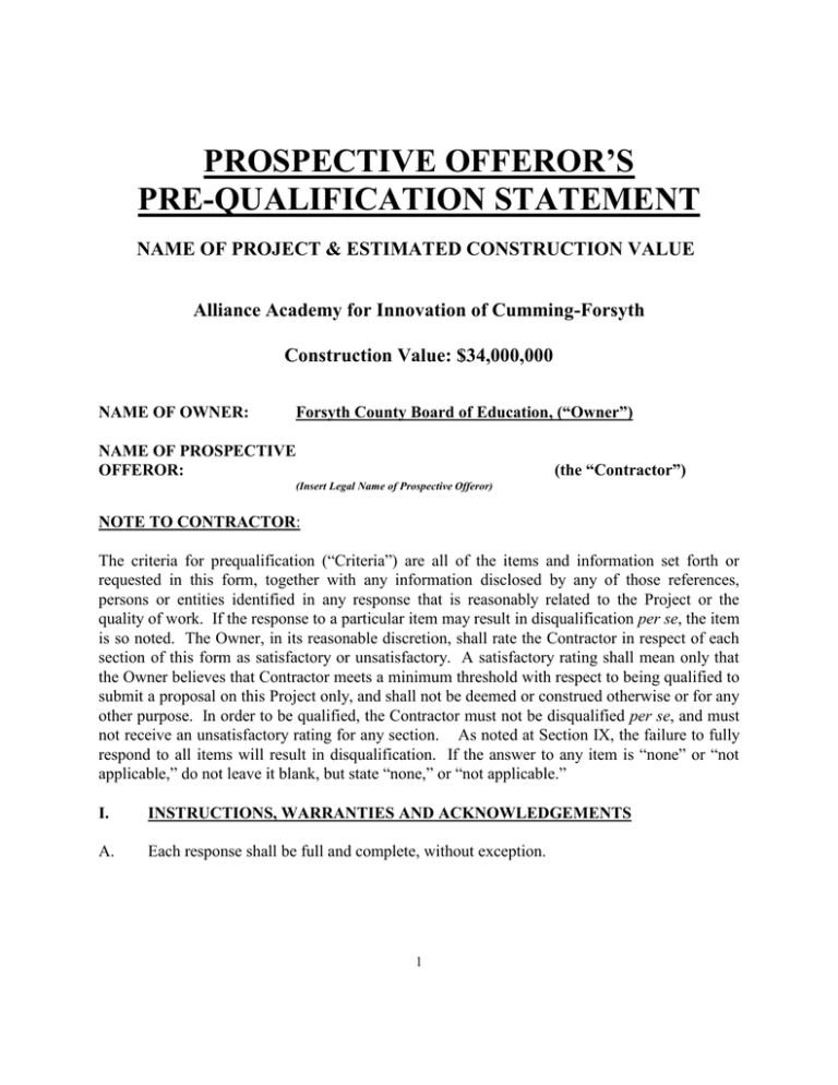 PROSPECTIVE OFFEROR S PRE QUALIFICATION STATEMENT