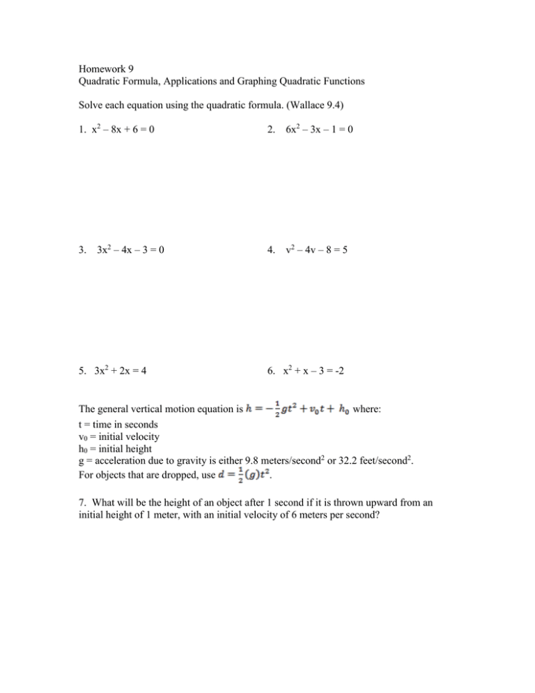 quadratic functions homework 6