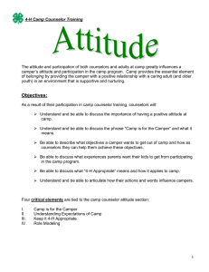 The attitude and participation of both counselors and adults at... ’s attitude and participation in the camp program.  Camp... 4-H Camp Counselor Training