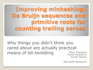 Improving minhashing: De Bruijn sequences and primitive roots for counting trailing zeroes