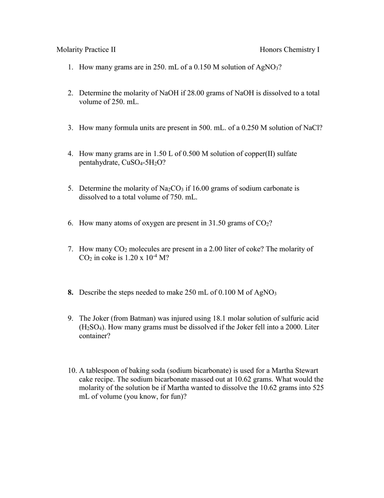 Molarity Practice II Honors Chemistry I Intended For Molarity Worksheet Answer Key