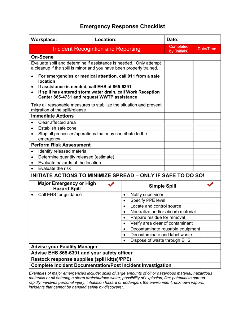 Emergency Response Checklist Incident Recognition And Reporting Workplace A02 6992