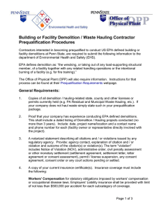 Building or Facility Demolition / Waste Hauling Contractor Prequalification Procedures