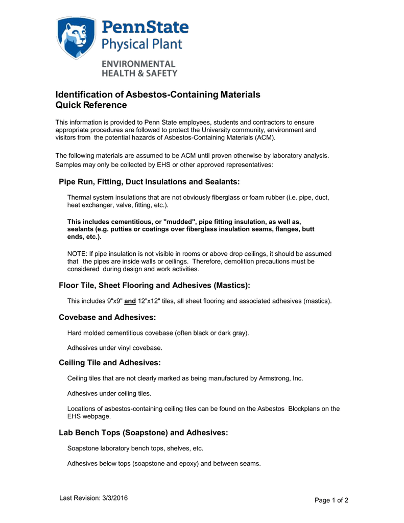 Identification Of Asbestos Containing Materials Quick Reference