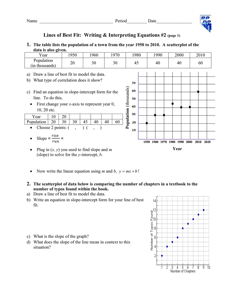 Lines of Best Fit: Writing &amp; Interpreting Equations #221 21. With Line Of Best Fit Worksheet