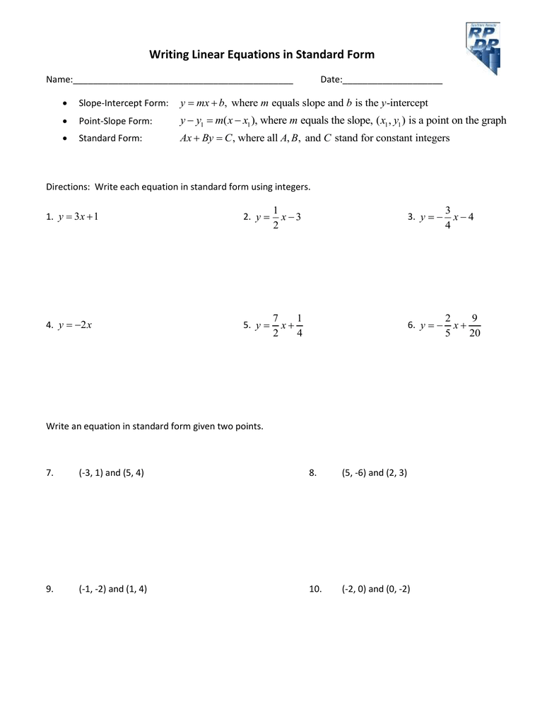 Writing Linear Equations in Standard Form    