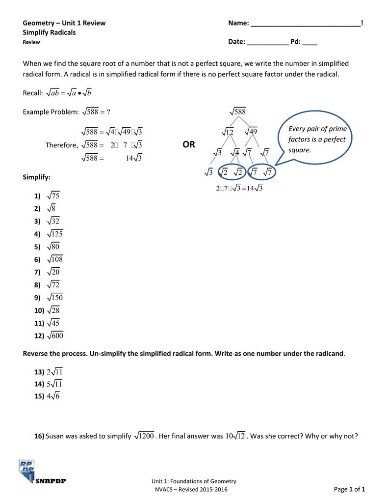Geometry – Unit 22 Review Name: ! Simplify Radicals For Simplifying Radicals Worksheet 1