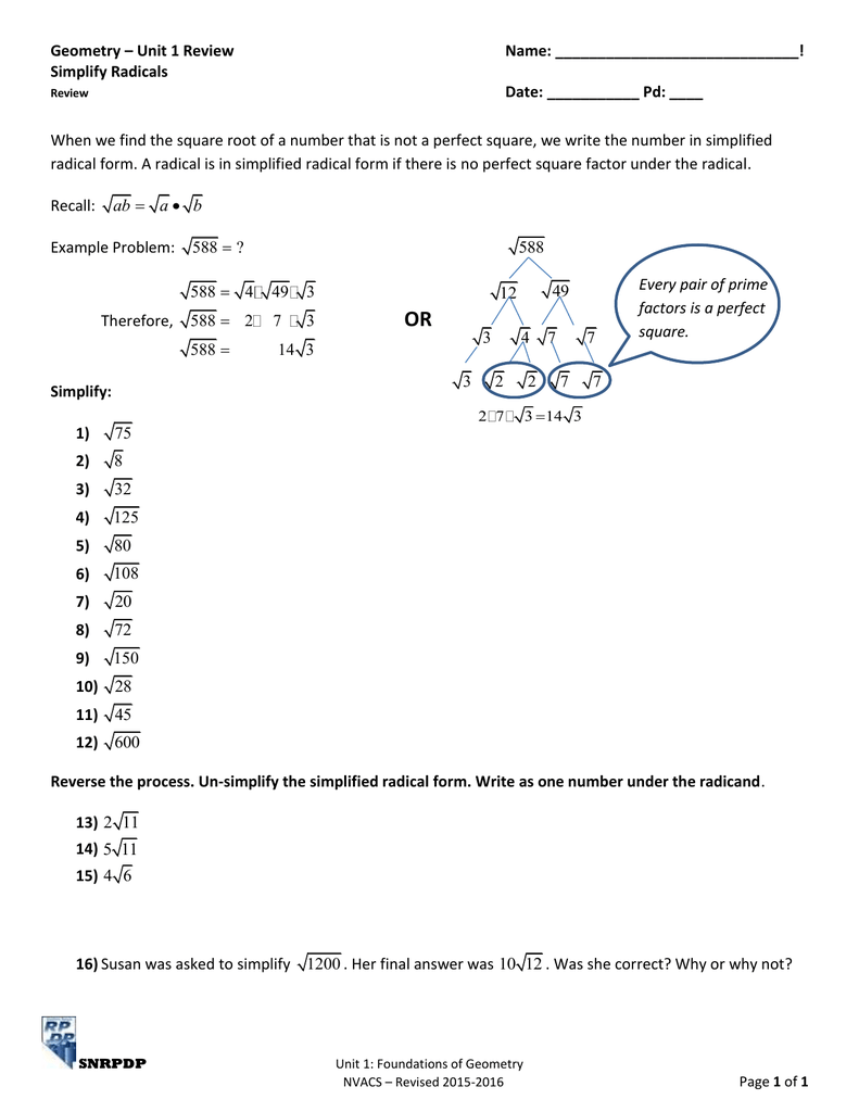 Geometry – Unit 25 Review Name: ! Simplify Radicals With Simplifying Radicals Worksheet 1