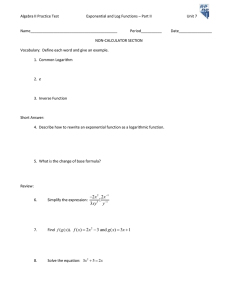 Algebra II Practice Test Exponential and Log Functions – Part II