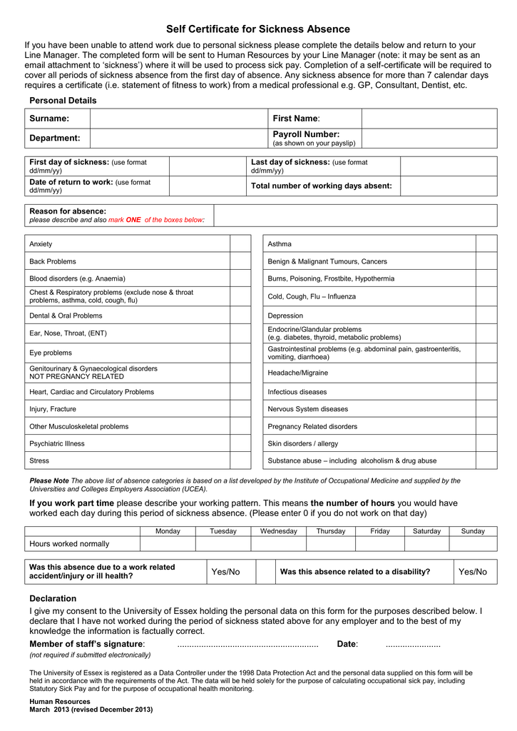 Self Certificate For Sickness Absence