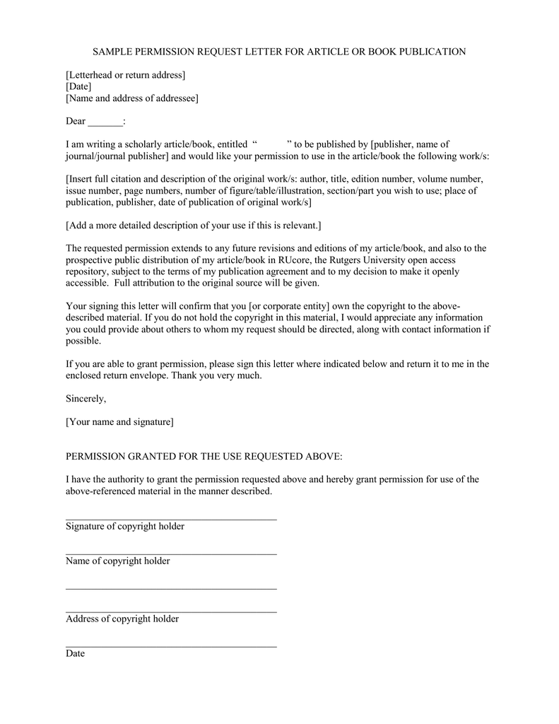 SAMPLE PERMISSION REQUEST LETTER FOR ARTICLE OR BOOK PUBLICATION Date 